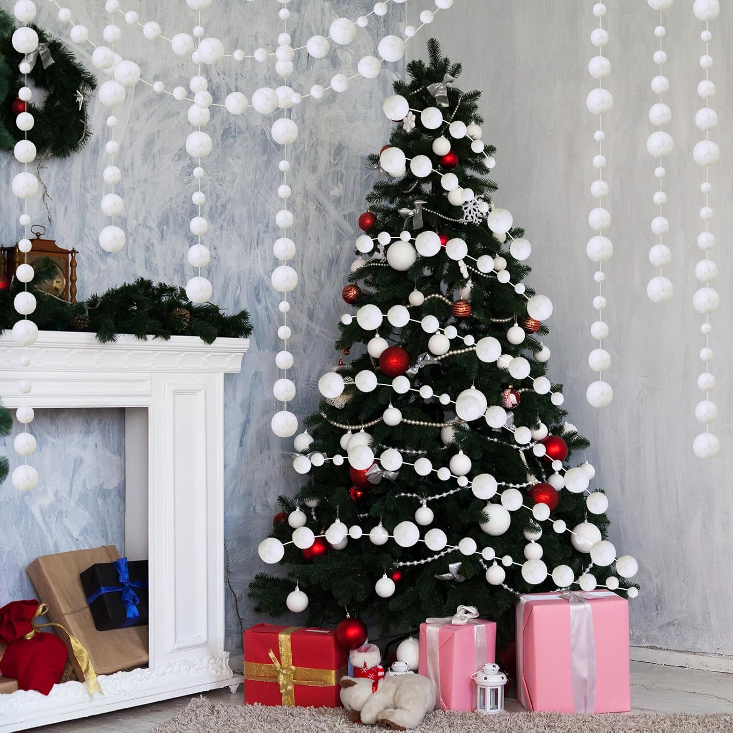 Tegeme 12 Pcs Winter Snowball Garland 6.5 Feet White Pom Pom String Garland Winter Party Wonderland Decoration Snow Ball Hanging Banner White Snowball Decor for Ceiling Tree Holiday Party Wall Home